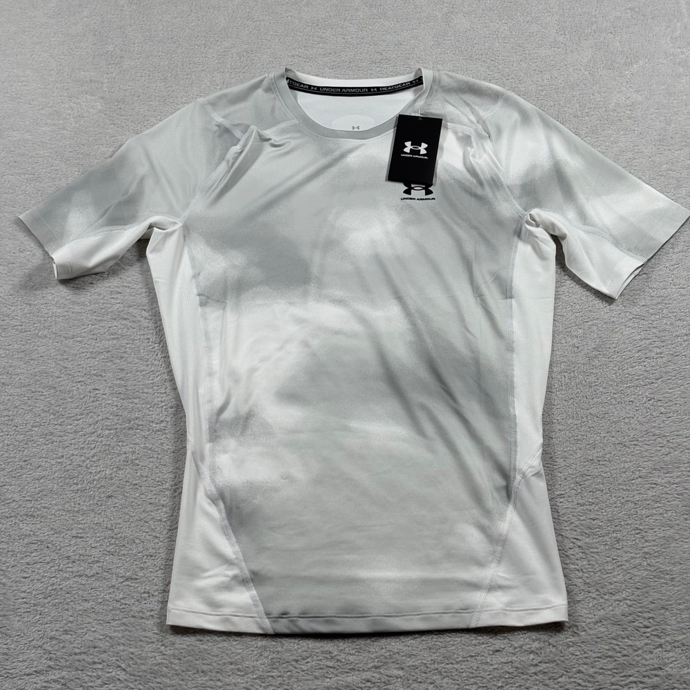 Under Armour HeatGear Mens Print Compression Shirt White Grey Short Sleeve Large